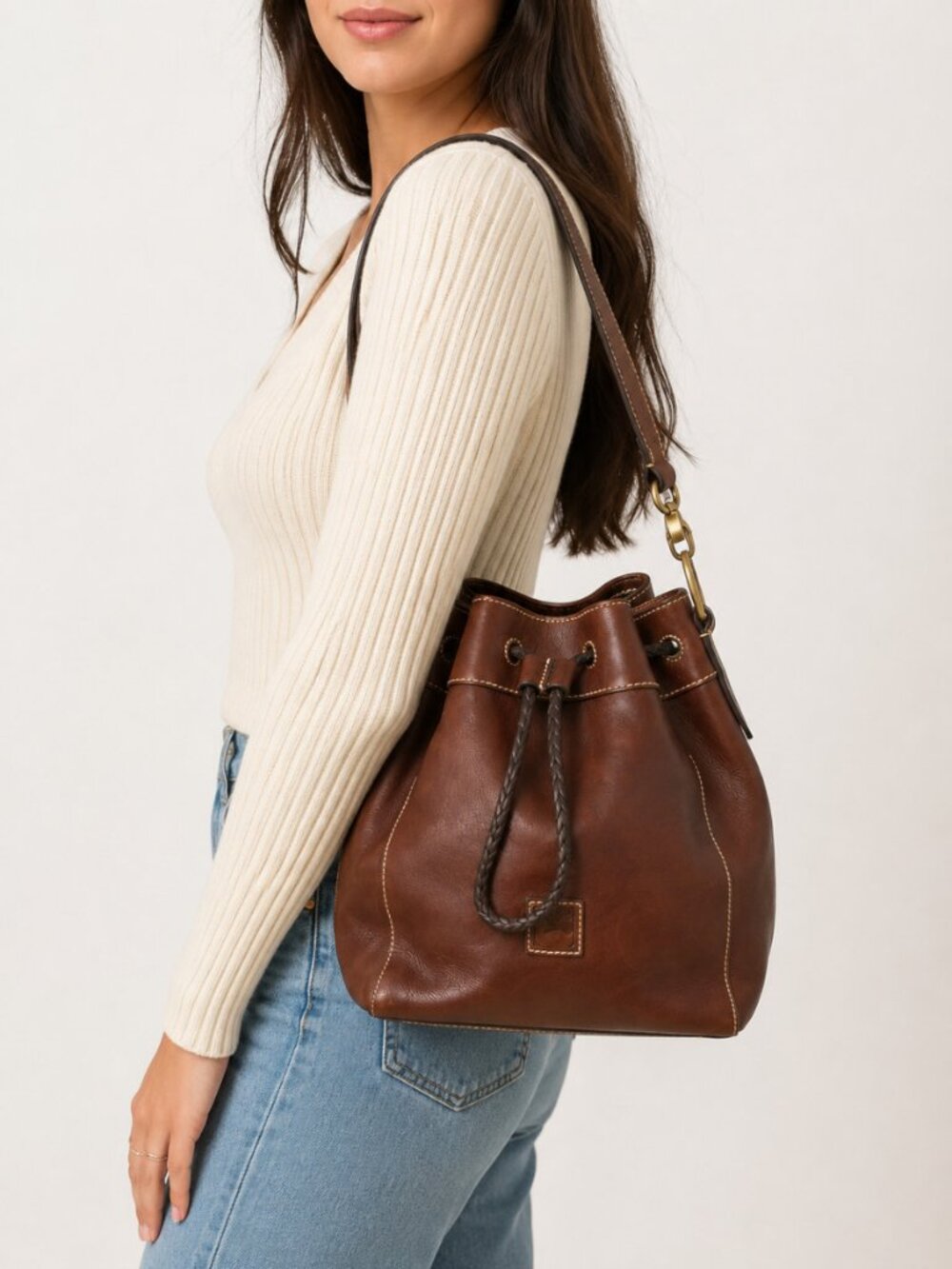 Dooney & Bourke Florentine Drawstring Bucket Bag Chestnut Leather